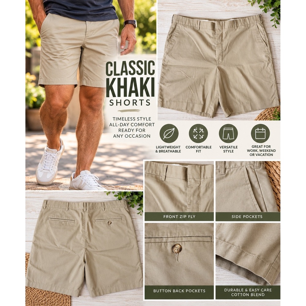 Men's Classic Khaki Chino Shorts Size 40 Waist Tan Beige Casual Summer Golf Wear